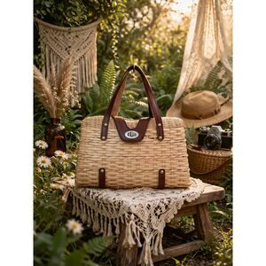 Vintage Wicker Handbag | Boho Basket / Leather Handles | Cottagecore | 50s Style